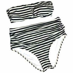VS Victoria's Secret Black White Striped Bikini Tube Top High Rise Bottoms Set